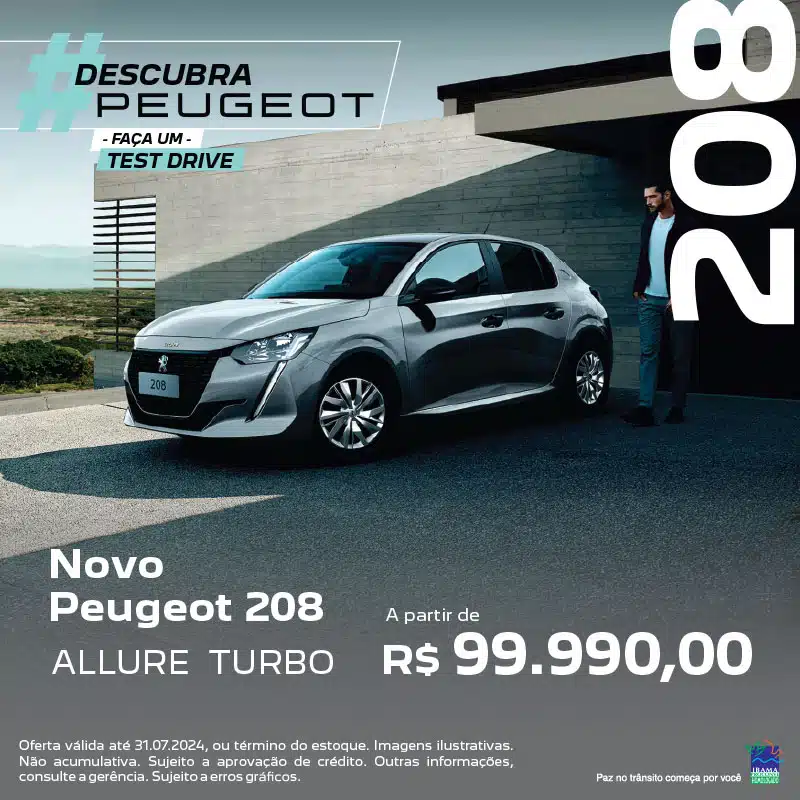 banner Descubra Peugeot Faça um Test Drive Novo Peugeot 208 Allure Turbo