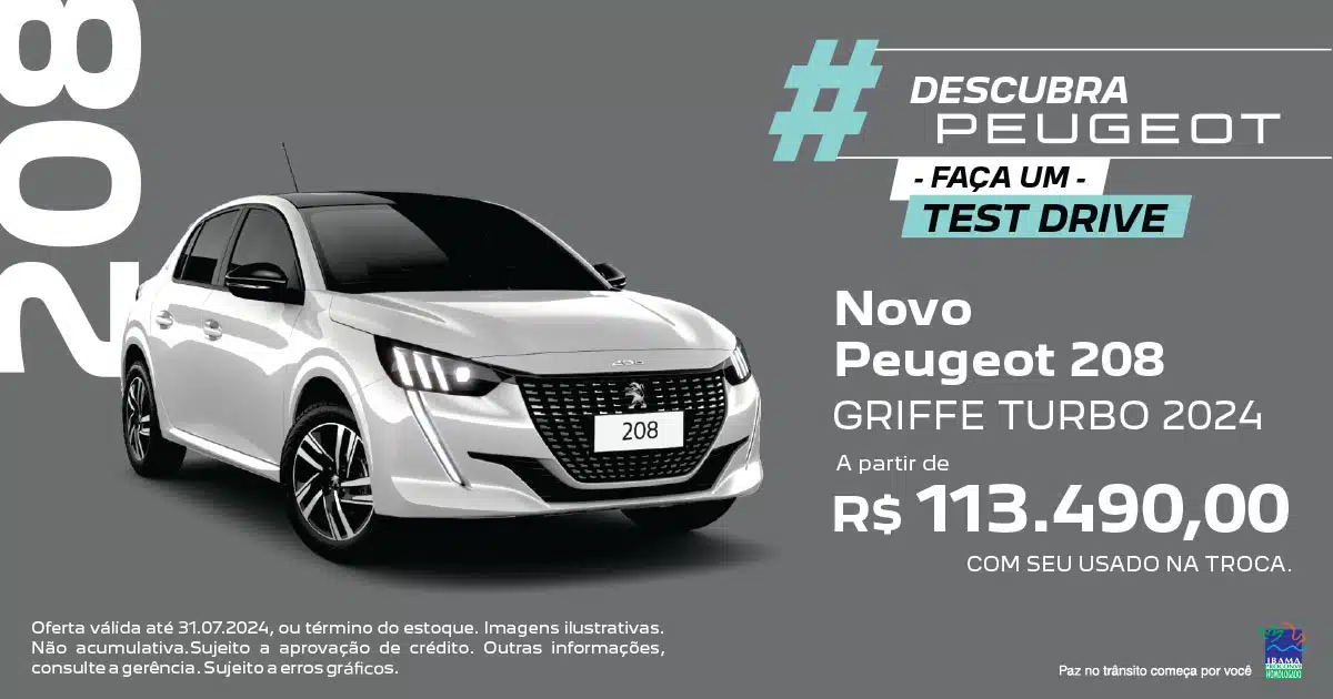banner Descubra Peugeot Faça um Test Drive Novo Peugeot 208 Griffe Turbo 2024