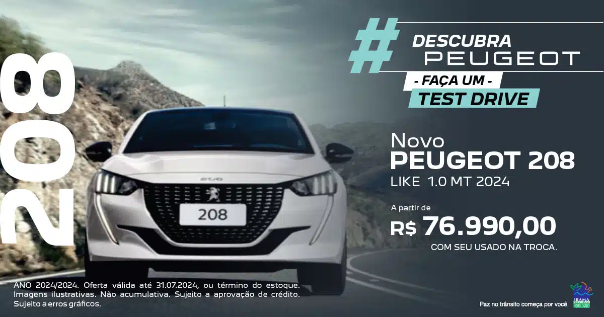 banner Descubra Peugeot Faça um Test Drive Novo Peugeot 208 Like 1.0 MT 2024