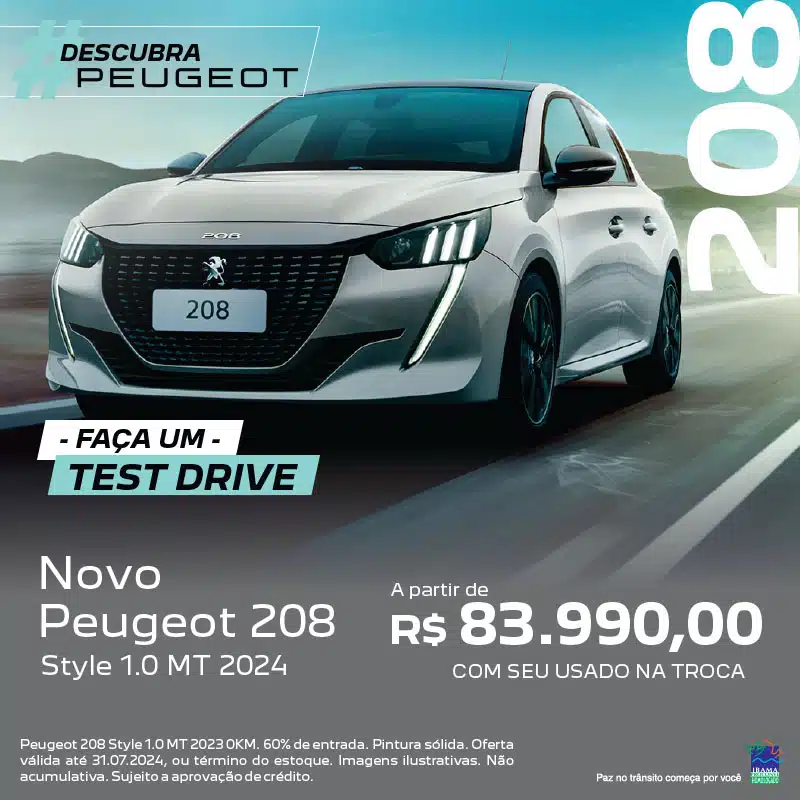 banner Descubra Peugeot Faça um Test Drive Novo Peugeot 208 Style 1.0 MT 2024