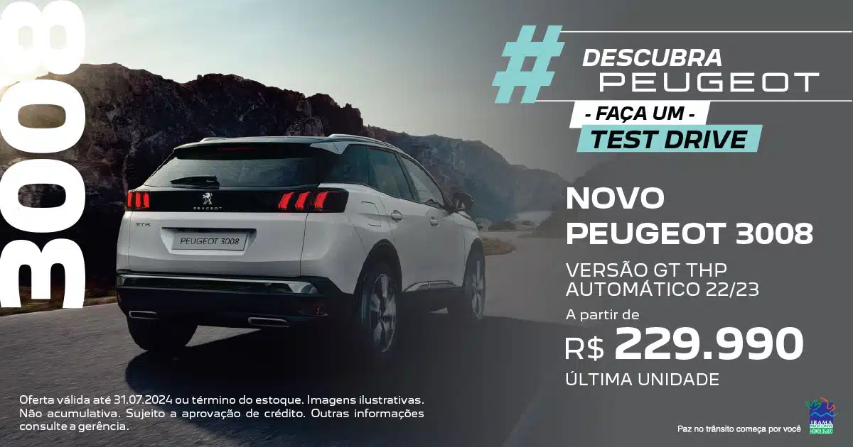 banner Descubra Peugeot Faça um Test Drive Novo Peugeot 3008 GT THP